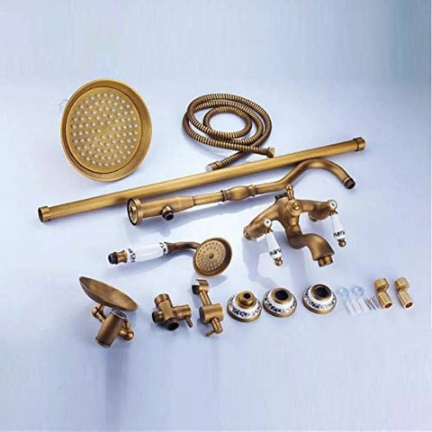 UBNMIUBV Shower System, Wall Mount Outdoor 8" Rain Shower Faucet Set Antique Brass with dual handles and hose.