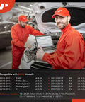 Mechanic using laptop thumbs up near BMW, showcasing High Performance Heavy Duty Engine Electric Water Pump Plug And Play Replacement For Bmw N54 N55 Engines.