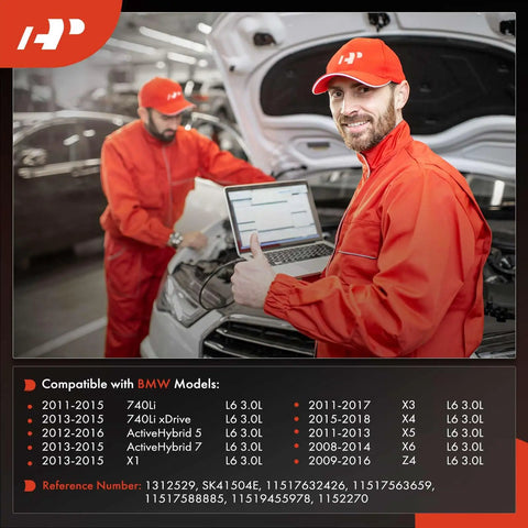 Mechanic using laptop thumbs up near BMW, showcasing High Performance Heavy Duty Engine Electric Water Pump Plug And Play Replacement For Bmw N54 N55 Engines.