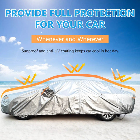 Heavy Duty All Weather 2 Layer Car Cover With Driver Door Zipper Universal Sedan Fit Up To 200 Inches Waterproof shown outdoors