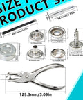 324 Piece Canvas Snap Kit With Stainless Steel Marine Grade Snaps And Setting Tool Including Anvil Punch Flaring Tool And Pliers For DIY Leather Canvas Tent Boat Cover Sofa Bed Wall Furniture, featuring pliers, screw base, and measuring details.