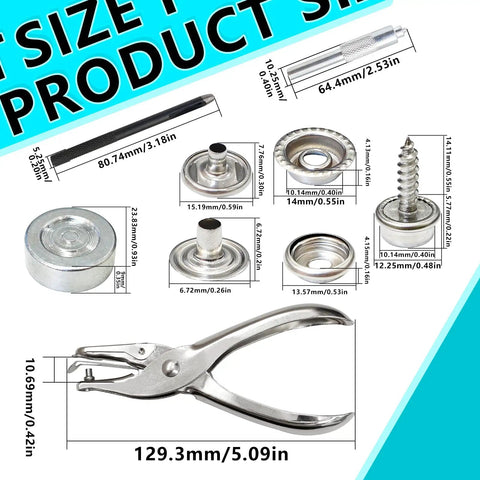 324 Piece Canvas Snap Kit With Stainless Steel Marine Grade Snaps And Setting Tool Including Anvil Punch Flaring Tool And Pliers For DIY Leather Canvas Tent Boat Cover Sofa Bed Wall Furniture, featuring pliers, screw base, and measuring details.