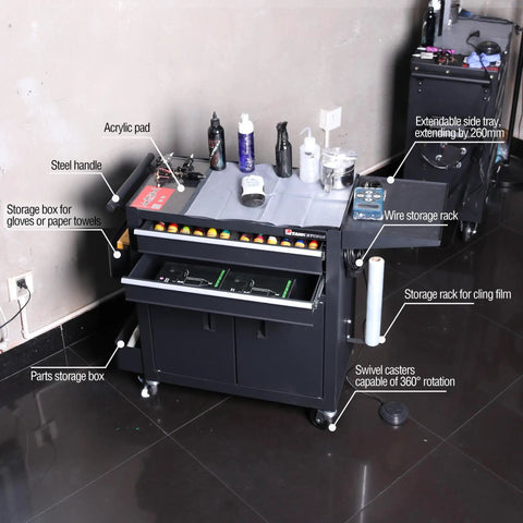 Rolling Tattoo Workstation Cart With Two Lockable Drawers On Wheels Metal Tool Chest With Cabinet And Side Trays Mobile Workbench for organizing tattoo supplies