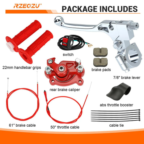 80cc Mini Bike Throttle Cable And Brake Kit components including 22mm grips, 61in brake cable, 7/8in lever, and rear brake caliper