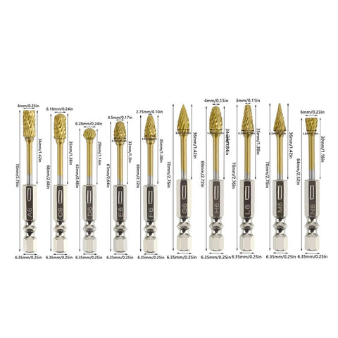 Top Shelf Tungsten Carbide Rotary Burrs With Kickin Cutting Speed And Quarter Inch Hex Shank, set of 10, various sizes for precise grinding.