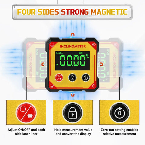 Digital Angle Finder With Laser And Heavy Duty Magnets Cube Inclinometer For Table Saw And Woodworking Measuring Pro Grade Level Box, front view
