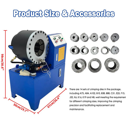 Electric Hydraulic Hose Crimper Machine 0.2 To 4 Inch Cap With 14 Dies For High Pressure Tubing Tool For Oil Gas Water Lines 220V Power with accessories.