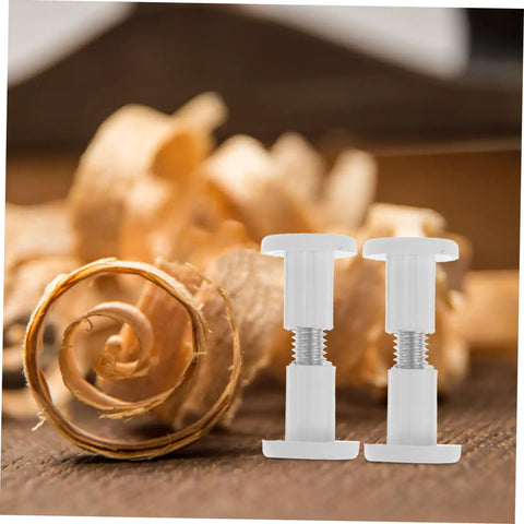 No Sweat Furniture Assembly Hardware 50 Piece Clamp Nut And Connecting Screw Kit on wooden backdrop with shavings.