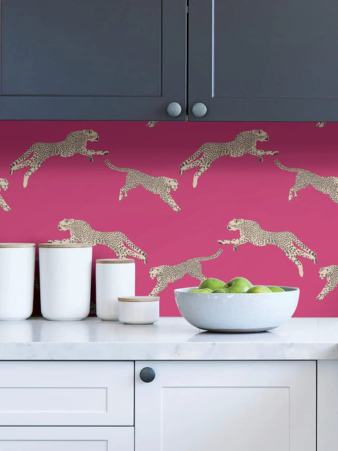 Dope Pink Leaping Cheetah Peel And Stick Wallpaper Self Adhesive Wall Covering For Bedrooms And Living Rooms Removable Contact Paper No Residue Easy To Reposition behind kitchen counter with cabinets
