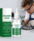 Technician using Liquid Flux Soldering Paste 50ml For Electronics DIY and PCB Assembly with product packaging in foreground.