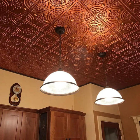 Upgrade Your Ceiling Fast With 2x2 Ft Wrought Iron PVC Tile Glue Up Panels Class A Fire Rated Antique Silver installed