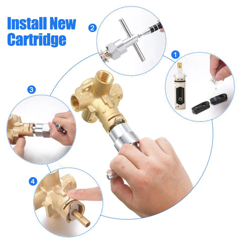 1222 Replacement Cartridge Kit For Tub And Shower With Puller And Repair Tool Diy Friendly Posi Temp Compatible Includes Retainer Clip And Lubricant Pack Easy Install Guide Included shown in step-by-step installation process