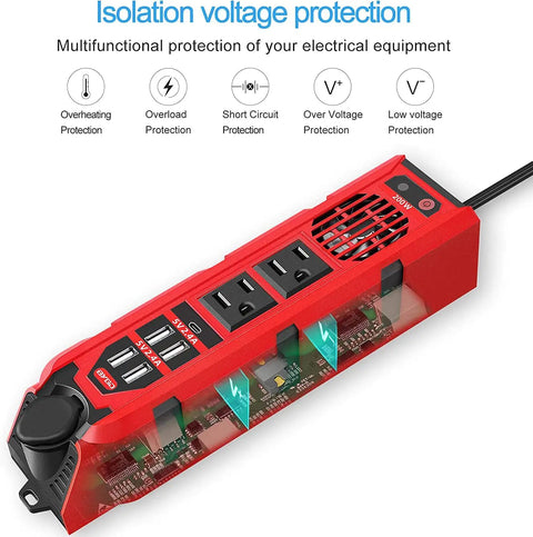 Tailgate Tough 200W Car Power Inverter Converts 12V Dc To 110V Ac No Hassle With Dual Us Sockets Super Fast 2 4 Amp Usb Ports And Type C, showing detailed protection features.