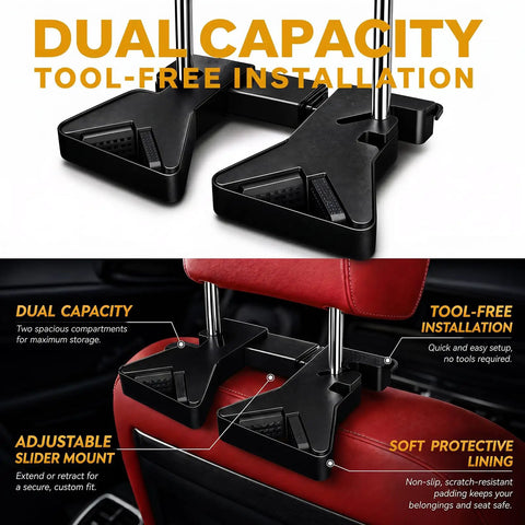 Seat Back Gun Rack For Truck And SUV Vertical Rifle And Shotgun Holder with dual compartments and tool-free installation.