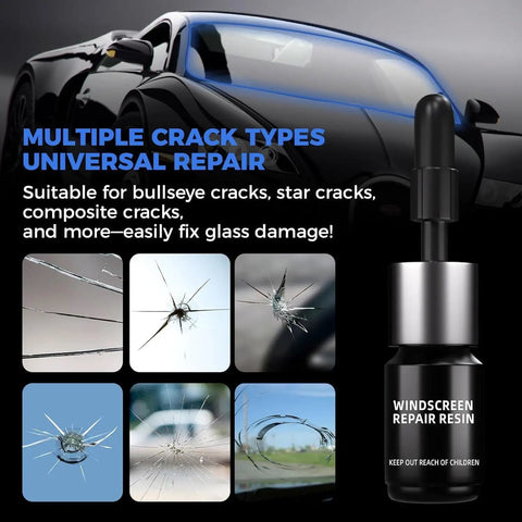 Windshield Crack Repair Kit For Chips And Cracks Quick Easy Glass Chip Fix For Cars Trucks And SUVs With Durable Resin Pro Grade Results Budget Friendly Car Glass Repair Tool with resin bottle and cracked glass examples
