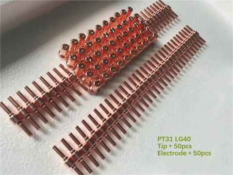 High Performance Red Copper Extended Plasma Cutter Tips And Electrode Consumable Kit For PT31 LG40 40A Torch on display.