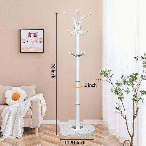 Sleek Freestanding Coat Rack With 360 Degree Swivel Hooks And Marble Base, 14 Hooks For Bags, Hats, And Coats in living room