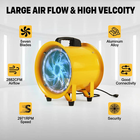 12 Inch High Velocity Blower Fan With 16 Ft Flexible Duct Hose, 2882 CFM Industrial Vent Exhaust Featured with Seven Blades