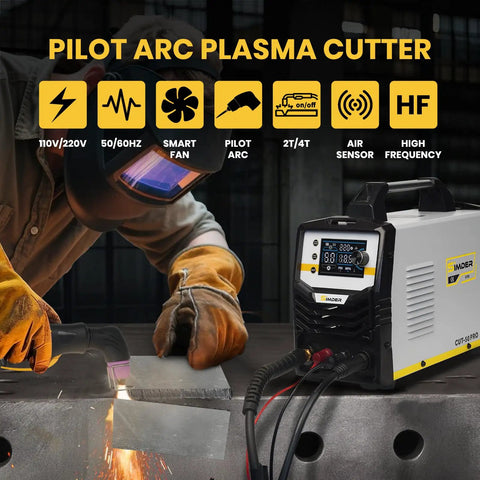 Person using Beast 50 Amp Plasma Cutter With Pilot Arc And Dual Voltage 110V And 220V for metal cutting in workshop.