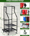 Three Tier Golf Bag Storage Rack For Garage Keeps One Bag Plus Extra Clubs Shoes Balls Towels And Accessories Pro Style Gear Organizer with detailed features, including wheels, hooks, and shelves.