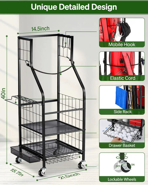 Three Tier Golf Bag Storage Rack For Garage Keeps One Bag Plus Extra Clubs Shoes Balls Towels And Accessories Pro Style Gear Organizer with detailed features, including wheels, hooks, and shelves.