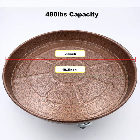 20 Inch Round Plant Stand With Lockable Wheels Heavy Duty 480 Lb Capacity Rolling Plant Caddy Copper Metal Tray Descriptive Size View