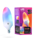 E12 Candle Color Wi Fi Smart LED Light Bulb with Polychrome Technology 27 Addressable Zones Create Smooth Gradients in front of packaging