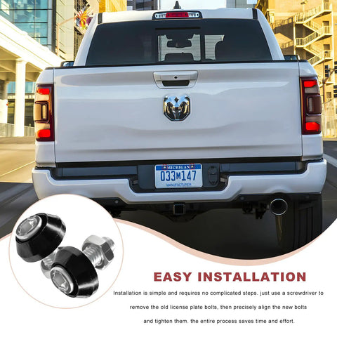 Badass 4 Pack M6 Rustproof Aluminum Alloy Motorcycle License Plate Bolts And Heavy Duty Metric Screw Fasteners For Street Rides Pickup Trucks Matte Black close-up with installation details.