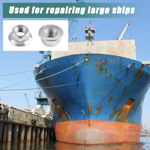 50 Pack M10 X 1.5mm 304 Stainless Steel Serrated Flange Hex Nuts Metric Lock Hardware on large ship used for repairs.