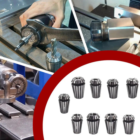 Nine Piece ER16 Spring Collet Set for CNC Milling Lathe Tools, showcasing sizes from 1/8 to 3/8 inch for machining.