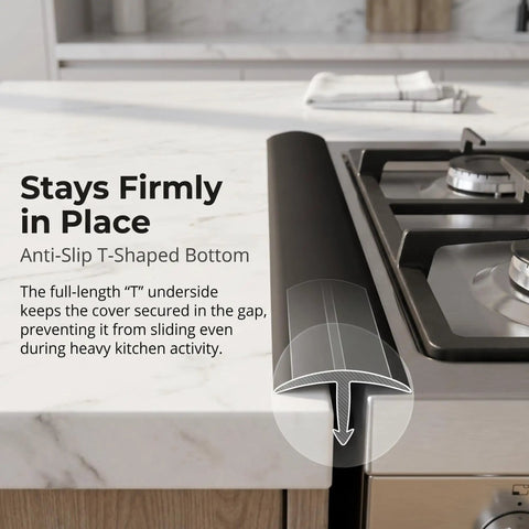 25 Inch Silicone Gap Filler For Stove And Counter High Heat Resistant Kitchen Gap Cover Matte Black Dishwasher Safe Easy Clean No Mess Between Stove And Counter shown secured between stove and counter.