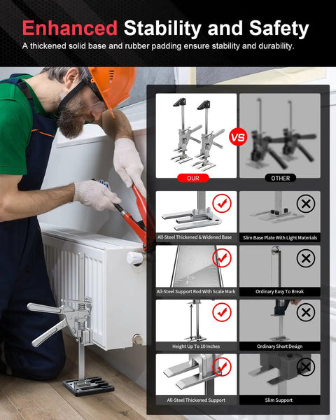 Two Pack Heavy Duty Labor Saving Arm Jack Lifts Up To Ten Inches used in radiator installation with comparison chart