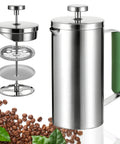 Stainless Steel French Press Coffee Maker 21 Oz Capacity Portable Camping Travel Coffee Press With Green Handle BPA Free 304