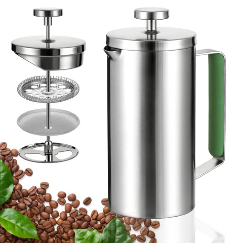 Stainless Steel French Press Coffee Maker 21 Oz Capacity Portable Camping Travel Coffee Press With Green Handle BPA Free 304