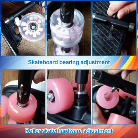 Multifunction Skate Tool Kit for Skateboards Scooters and Roller Skates with bearing press shown adjusting skate bearings.