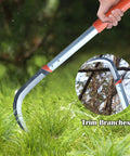 Japanese Style Garden Weeder Scythe For Lawn And Yard Care Manual Mowing And Trimming Sharp Manganese Steel Blade 22.83 Inch Half Moon Sickle For Precise Cuts And Easy Weeding being used for trimming branches in a garden.