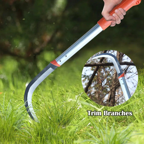 Japanese Style Garden Weeder Scythe For Lawn And Yard Care Manual Mowing And Trimming Sharp Manganese Steel Blade 22.83 Inch Half Moon Sickle For Precise Cuts And Easy Weeding being used for trimming branches in a garden.