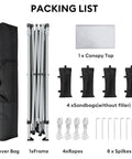 Packing list with canopy frame, top, cover bag, sandbags, ropes, and spikes for Instant 10x10 Pop Up Canopy Tent With Easy One Push Setup.