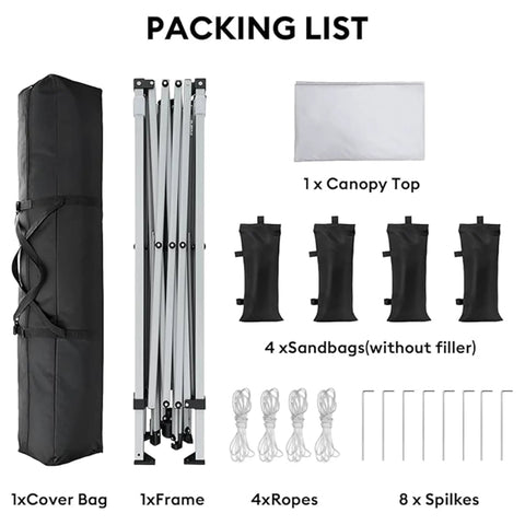 Packing list with canopy frame, top, cover bag, sandbags, ropes, and spikes for Instant 10x10 Pop Up Canopy Tent With Easy One Push Setup.