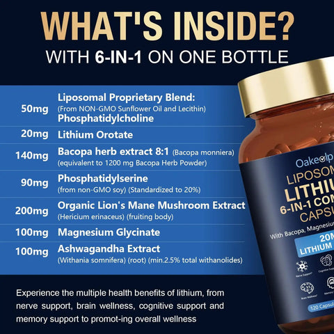 Liposomal Lithium Orotate 20mg Capsules With Magnesium Glycinate Lions Mane Bacopa Phosphatidylserine And Ashwagandha bottle label