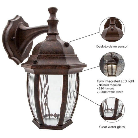 Outdoor Wall Light Sconce With Dusk To Dawn Sensor, 580 Lumens Of Warm 3000K Glow, Clear Water Glass, Aged Bronze Aluminum Base