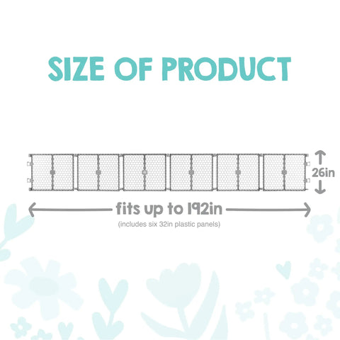 Diagram showing Mega Wide 192 Inch Baby Gate And Play Yard 2 In 1 Gate To Playpen Expands For Open Spaces with size dimensions.