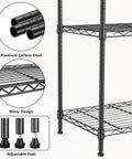 Heavy Duty 4 Tier Metal Wire Shelf On Wheels 1000 Lb Capacity Adjustable Height Storage Rack for Garage Kitchen Laundry Black Sturdy Carbon Steel Shelving Unit with Caster Wheels with close-up of carbon steel pipes and adjustable feet.