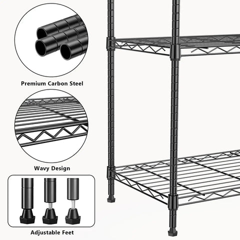 Heavy Duty 4 Tier Metal Wire Shelf On Wheels 1000 Lb Capacity Adjustable Height Storage Rack for Garage Kitchen Laundry Black Sturdy Carbon Steel Shelving Unit with Caster Wheels with close-up of carbon steel pipes and adjustable feet.
