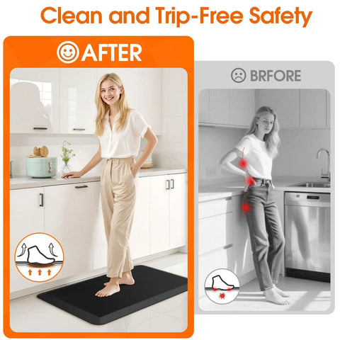 Woman standing on Kitchen Mat Cushy Thick Floor Comfort Mat With Non Slip Bottom Water And Stain Resistant Easy Clean Standing Desk Mat.