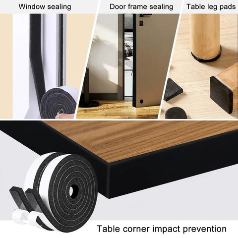 Easy Peel And Stick Weather Stripping Door Seal Foam Tape No Tools Needed shown used on window, door, and furniture edges.