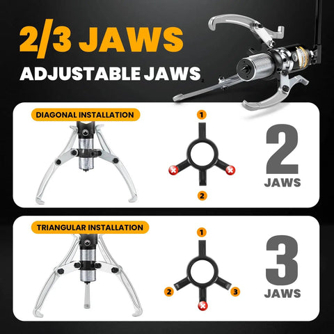 Beefy 20 Ton Hydraulic Gear Puller For Wheel Bearings And Separators With 2 Or 3 Adjustable Jaws diagram