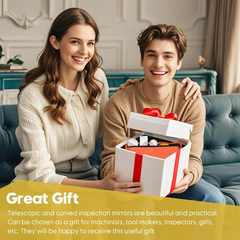 Smiling couple with Telescoping Inspection Mirror Kit With 4 Replaceable Mirrors Flexible Extendable Reach in gift box.