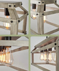 Close-up of Issac 34 Inch Five Light Farmhouse Island Light in Smoked Birch Finish showcasing frame and Edison-style bulb