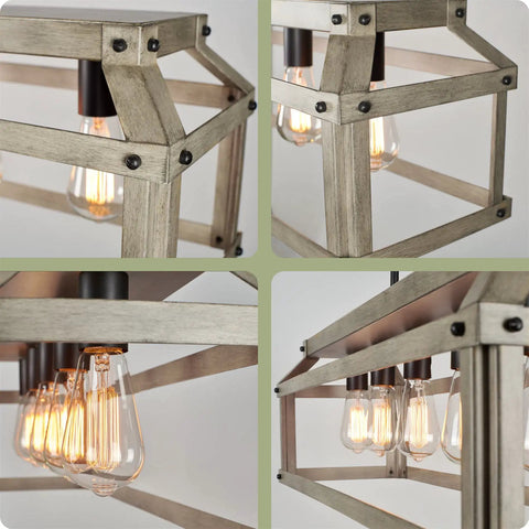 Close-up of Issac 34 Inch Five Light Farmhouse Island Light in Smoked Birch Finish showcasing frame and Edison-style bulb